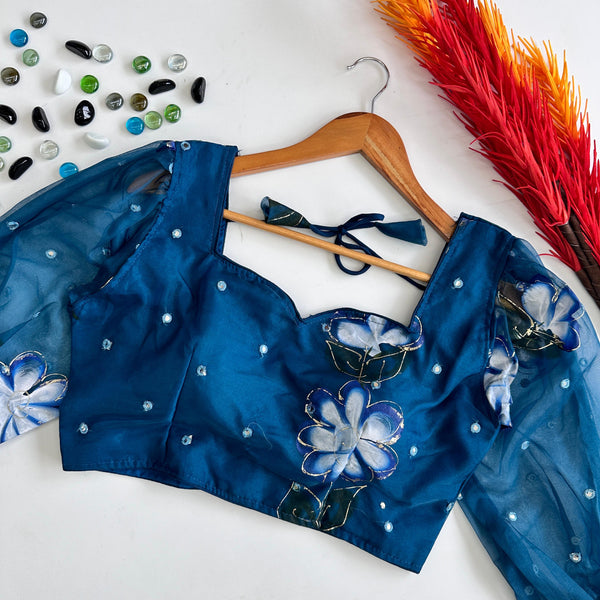 Blue Hand-Painted Organza Silk Blouse with Embroidery Accents ClothsVilla