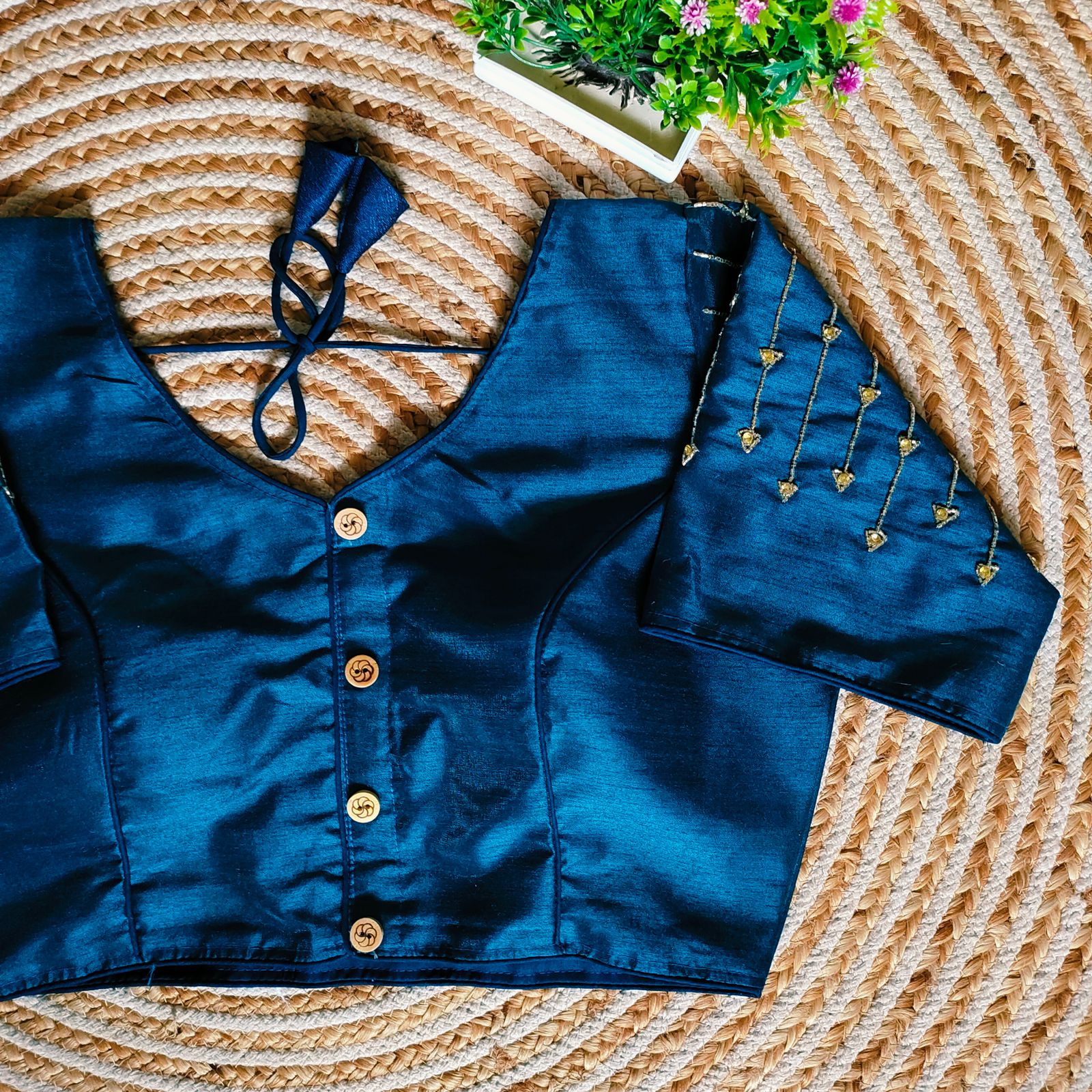 Blue Handcrafted Golden Resham Silk Blouse with Stunning Sleeve and Back Detailing ClothsVilla Main image