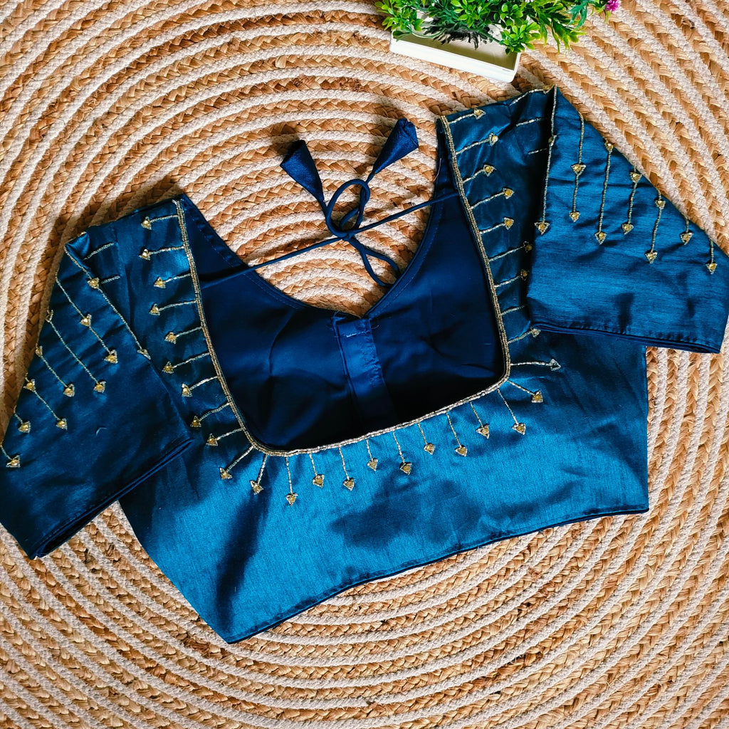 Blue Handcrafted Golden Resham Silk Blouse with Stunning Sleeve and Back Detailing ClothsVilla