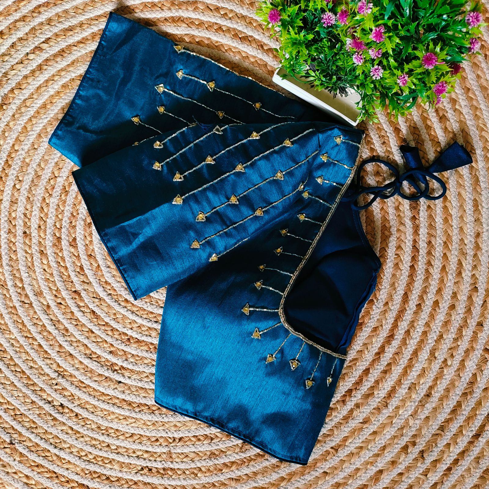 Blue Handcrafted Golden Resham Silk Blouse with Stunning Sleeve and Back Detailing Secondary image