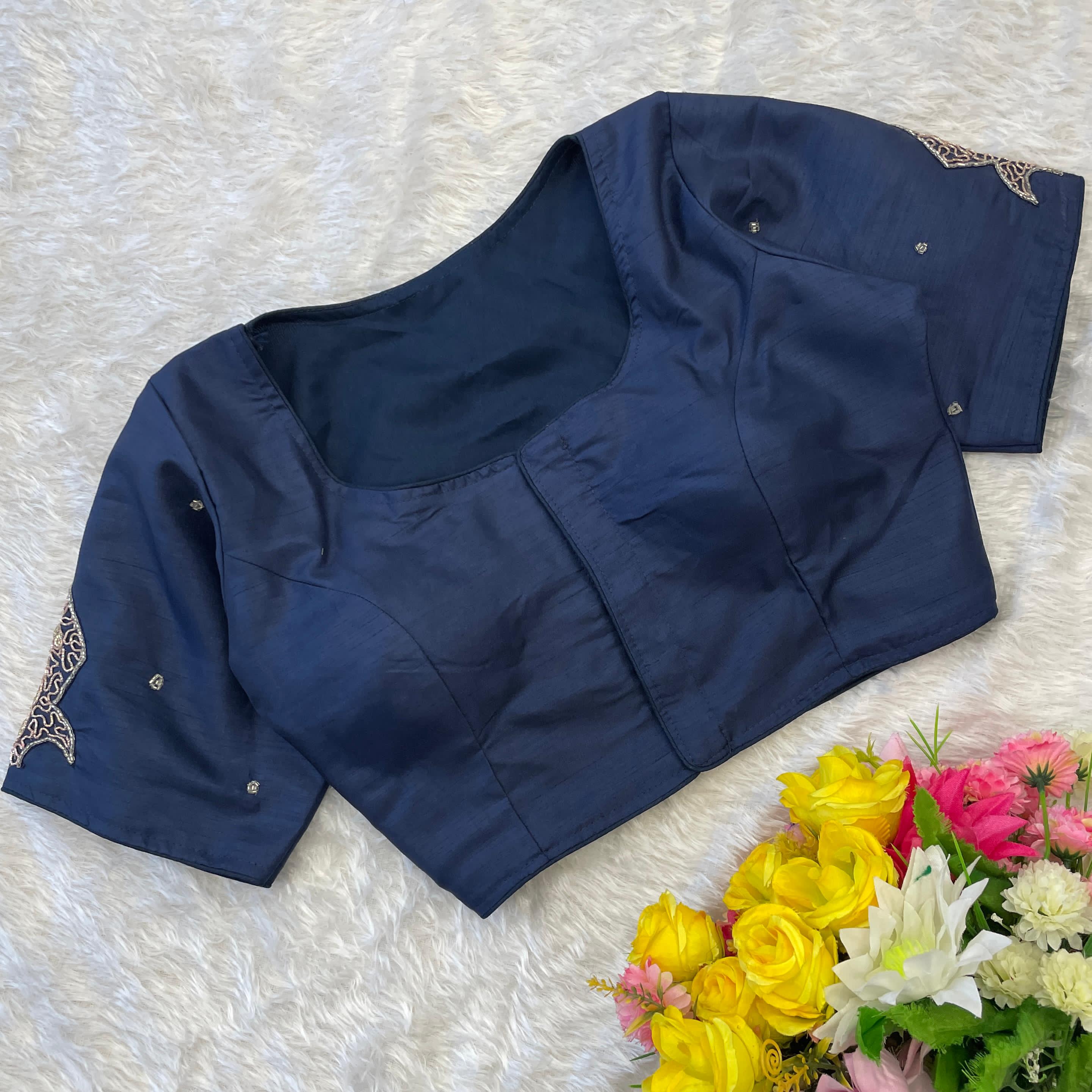 Blue Handcrafted Muskan Silk Blouse with Designer Collar and Handwork Secondary image