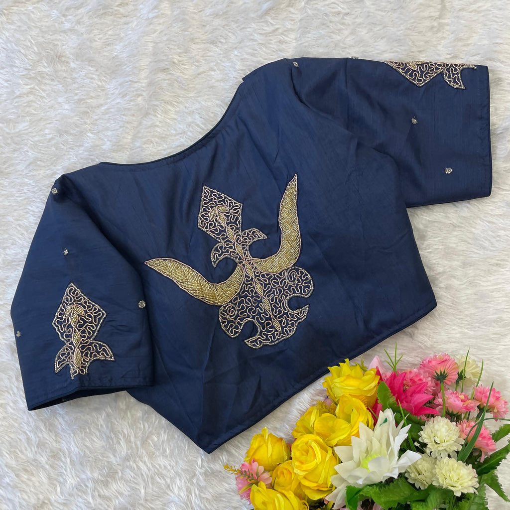 Blue Handcrafted Muskan Silk Blouse with Designer Collar and Handwork ClothsVilla