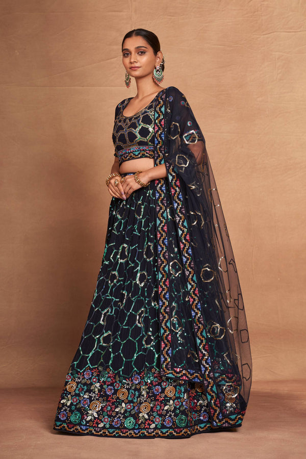 Blue Heavy Georgette Embroidered Lehenga Choli Set with Sequins & Net Dupatta ClothsVilla