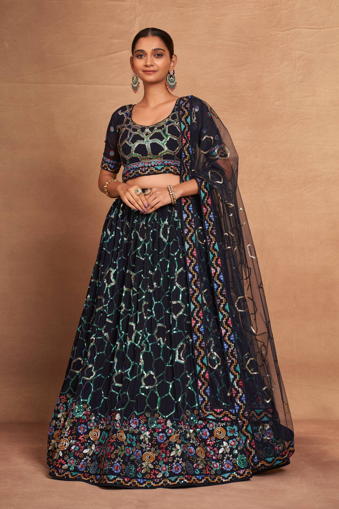 Blue Heavy Georgette Embroidered Lehenga Choli Set with Sequins & Net Dupatta ClothsVilla