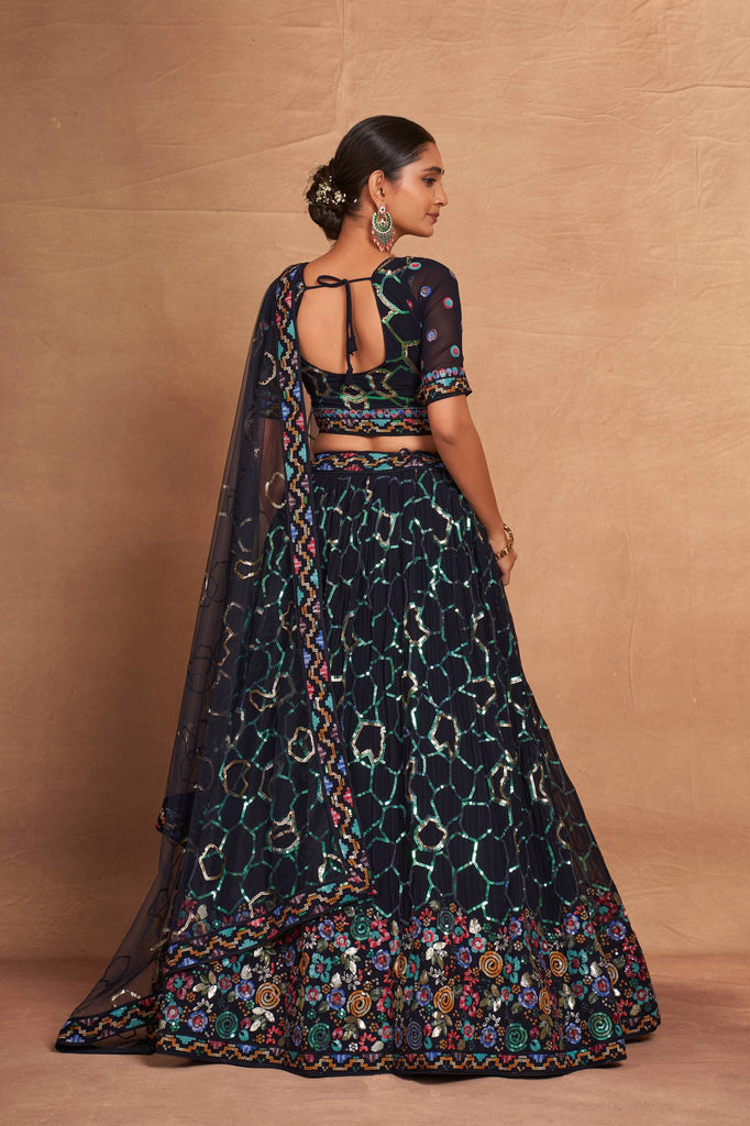 Blue Heavy Georgette Embroidered Lehenga Choli Set with Sequins & Net Dupatta ClothsVilla