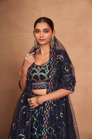 Blue Heavy Georgette Embroidered Lehenga Choli Set with Sequins & Net Dupatta ClothsVilla