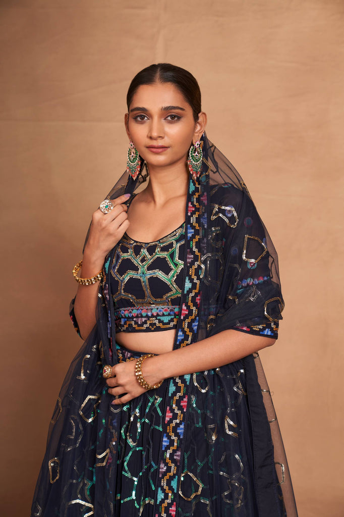 Blue Heavy Georgette Embroidered Lehenga Choli Set with Sequins & Net Dupatta ClothsVilla
