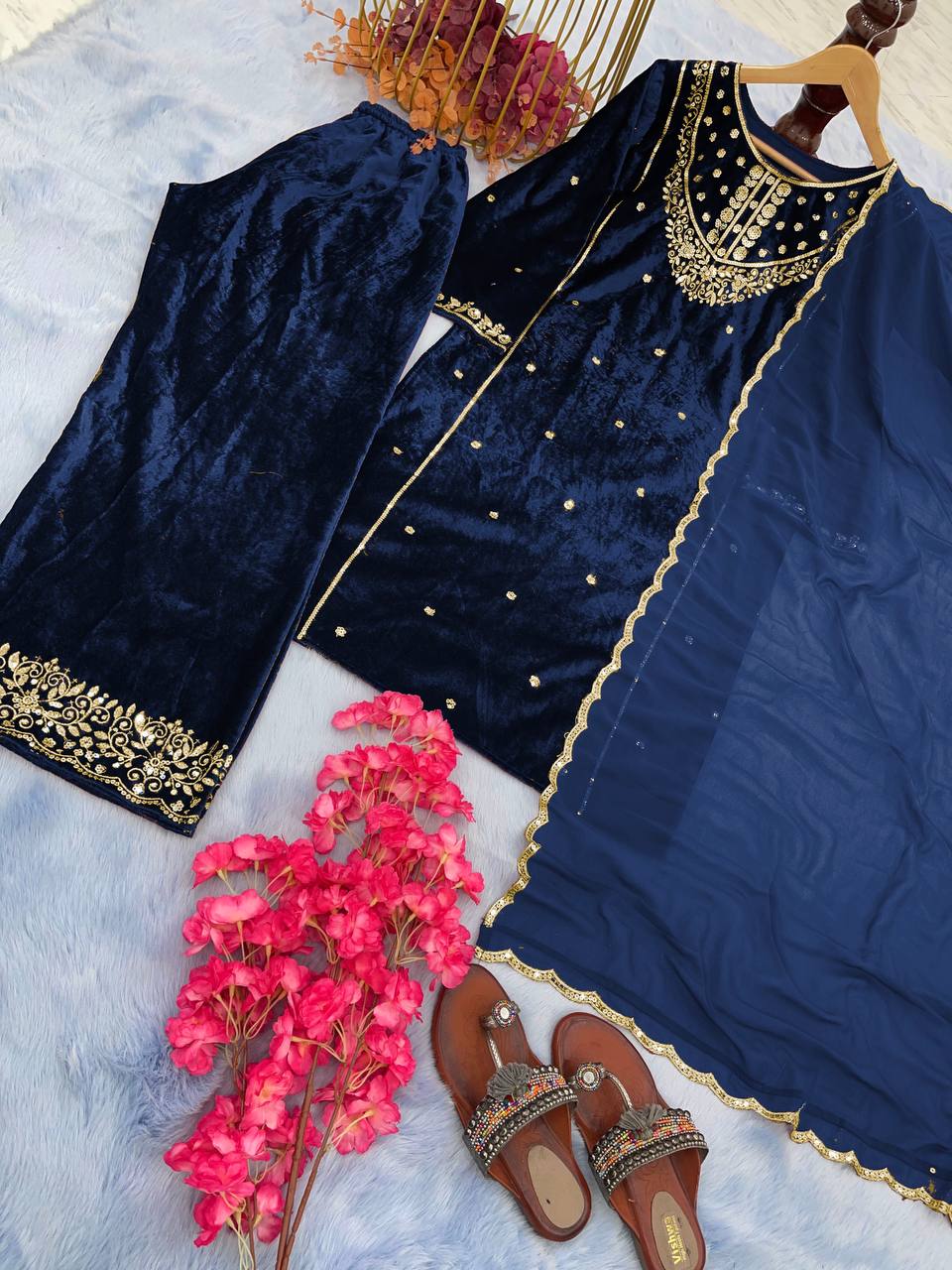 Blue Heavy Pure Viscose Velvet Top with Plazzo & Dupatta Set - 5 mm Sequence Work and Fancy Sleeve ClothsVilla