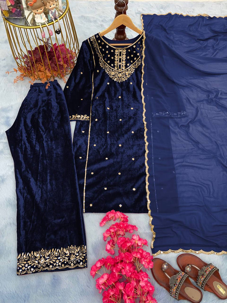 Blue Heavy Pure Viscose Velvet Top with Plazzo & Dupatta Set - 5 mm Sequence Work and Fancy Sleeve ClothsVilla