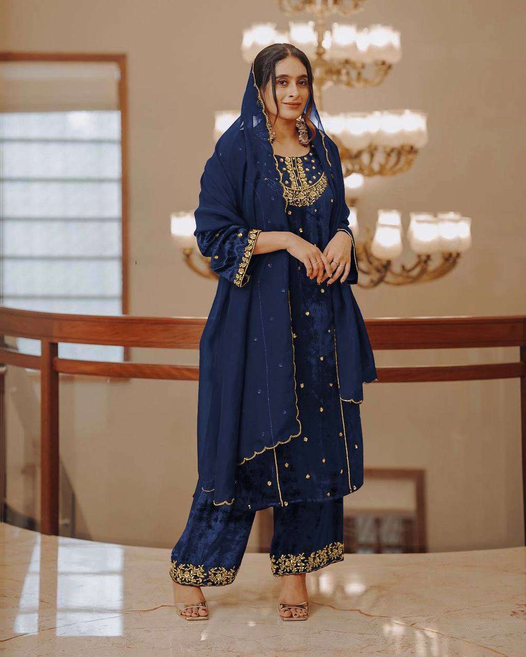 Blue Heavy Pure Viscose Velvet Top with Plazzo & Dupatta Set - 5 mm Sequence Work and Fancy Sleeve ClothsVilla