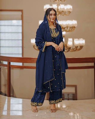 Blue Heavy Pure Viscose Velvet Top with Plazzo & Dupatta Set - 5 mm Sequence Work and Fancy Sleeve ClothsVilla