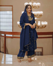 Load image into Gallery viewer, Blue Heavy Pure Viscose Velvet Top with Plazzo &amp; Dupatta Set - 5 mm Sequence Work and Fancy Sleeve ClothsVilla