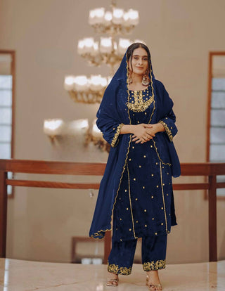 Blue Heavy Pure Viscose Velvet Top with Plazzo & Dupatta Set - 5 mm Sequence Work and Fancy Sleeve ClothsVilla