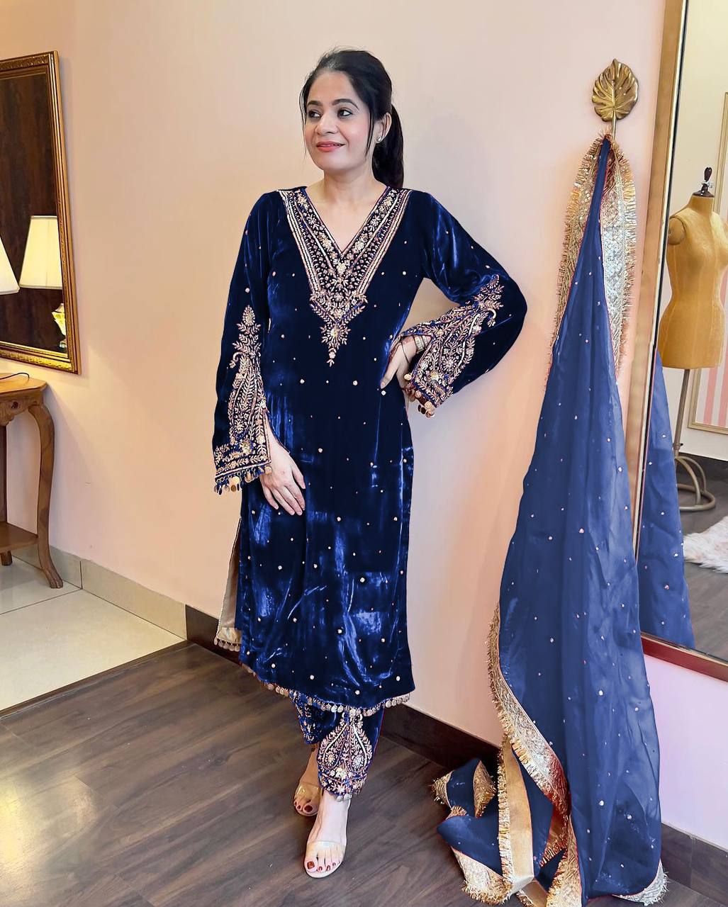 Blue Heavy Pure Viscose Velvet Top with Plazzo & Dupatta Set - Embroidery, Sequence Work, and Rivet Moti Accents Blue Heavy Pure Viscose Velvet Top with Plazzo & Dupatta Set - Embroidery, Sequence Work, and Rivet Moti Accents