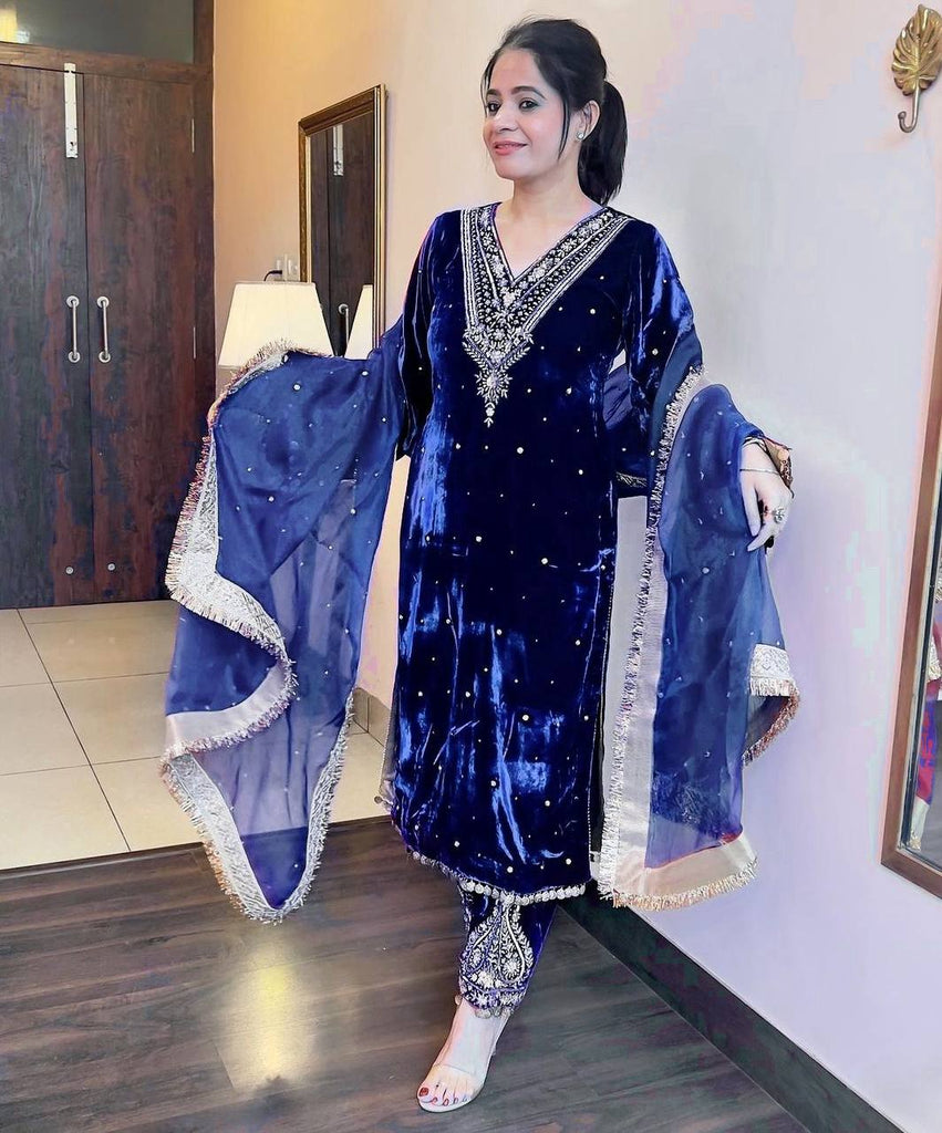 Blue Heavy Pure Viscose Velvet Top with Plazzo & Dupatta Set - Embroidery, Sequence Work, and Rivet Moti Accents ClothsVilla