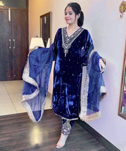 Load image into Gallery viewer, Blue Heavy Pure Viscose Velvet Top with Plazzo &amp; Dupatta Set - Embroidery, Sequence Work, and Rivet Moti Accents ClothsVilla