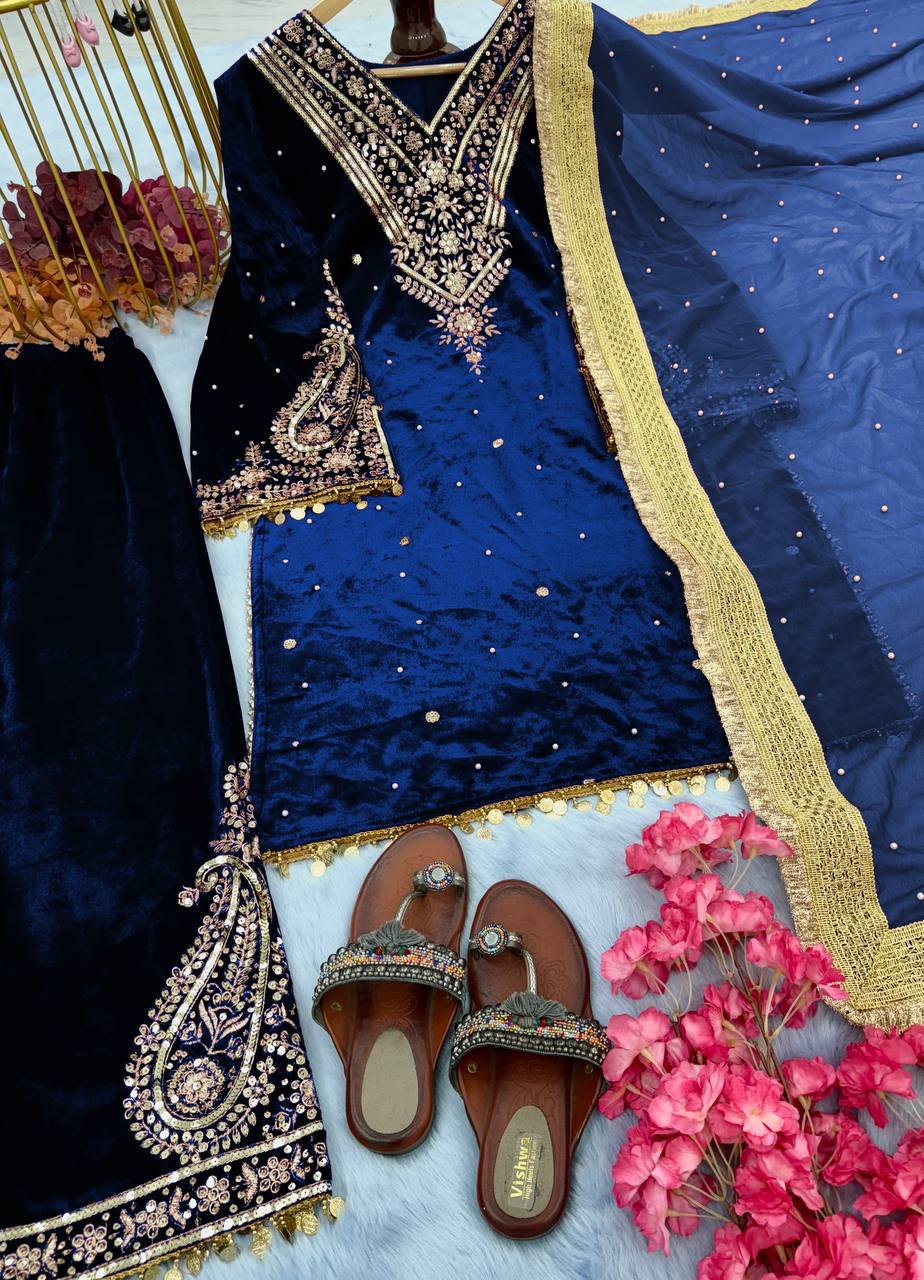 Blue Heavy Pure Viscose Velvet Top with Plazzo & Dupatta Set - Embroidery, Sequence Work, and Rivet Moti Accents ClothsVilla