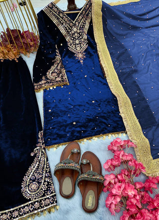 Blue Heavy Pure Viscose Velvet Top with Plazzo & Dupatta Set - Embroidery, Sequence Work, and Rivet Moti Accents ClothsVilla