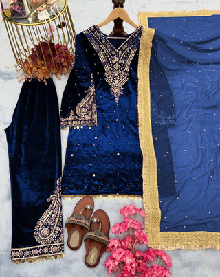 Blue Heavy Pure Viscose Velvet Top with Plazzo & Dupatta Set - Embroidery, Sequence Work, and Rivet Moti Accents ClothsVilla