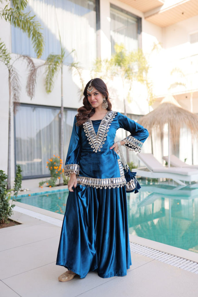 Blue Ice Velvet Zari & Real Mirror Embroidered Kurta Palazzo Set with Bell Sleeves & Matching Batwa – Fully Stitched Festive & Party Wear ClothsVilla
