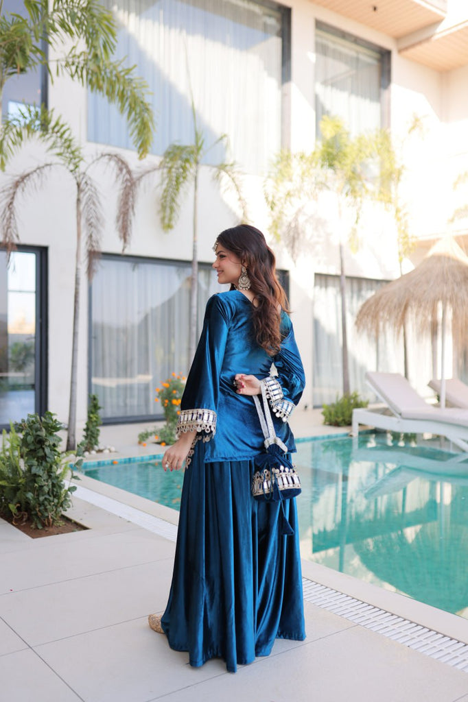 Blue Ice Velvet Zari & Real Mirror Embroidered Kurta Palazzo Set with Bell Sleeves & Matching Batwa – Fully Stitched Festive & Party Wear ClothsVilla