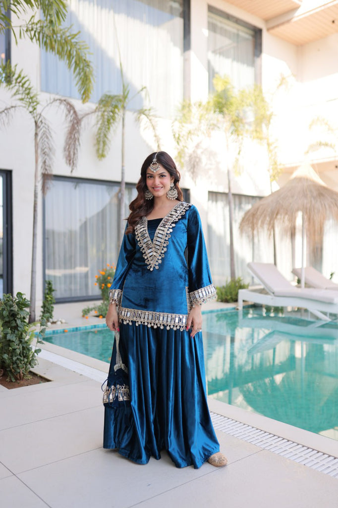 Blue Ice Velvet Zari & Real Mirror Embroidered Kurta Palazzo Set with Bell Sleeves & Matching Batwa – Fully Stitched Festive & Party Wear ClothsVilla