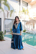 Load image into Gallery viewer, Blue Ice Velvet Zari &amp; Real Mirror Embroidered Kurta Palazzo Set with Bell Sleeves &amp; Matching Batwa – Fully Stitched Festive &amp; Party Wear ClothsVilla