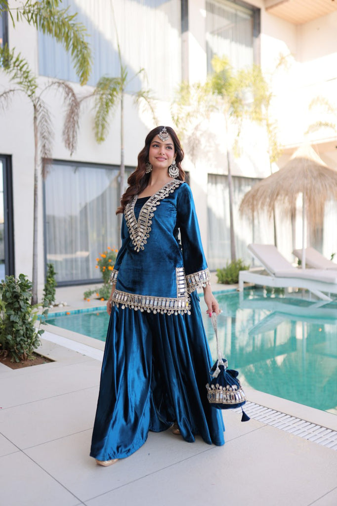 Blue Ice Velvet Zari & Real Mirror Embroidered Kurta Palazzo Set with Bell Sleeves & Matching Batwa – Fully Stitched Festive & Party Wear ClothsVilla