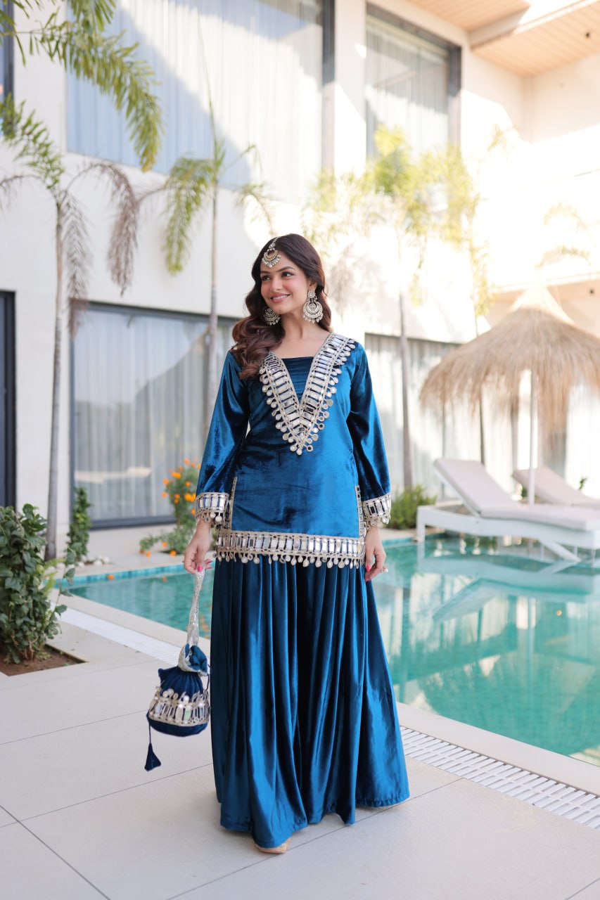 Blue Ice Velvet Zari & Real Mirror Embroidered Kurta Palazzo Set with Bell Sleeves & Matching Batwa – Fully Stitched Festive & Party Wear ClothsVilla