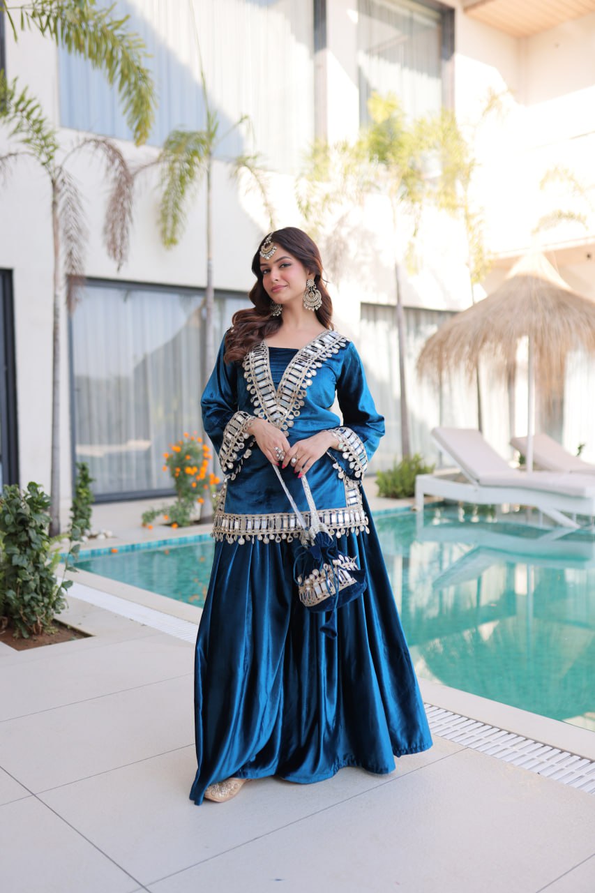 Blue Ice Velvet Zari & Real Mirror Embroidered Kurta Palazzo Set with Bell Sleeves & Matching Batwa – Fully Stitched Festive & Party Wear ClothsVilla