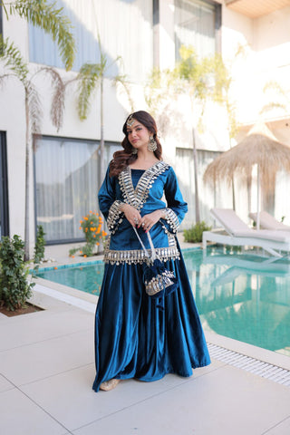 Blue Ice Velvet Zari & Real Mirror Embroidered Kurta Palazzo Set with Bell Sleeves & Matching Batwa – Fully Stitched Festive & Party Wear ClothsVilla