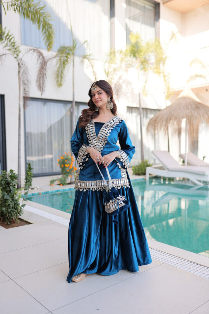Blue Ice Velvet Zari & Real Mirror Embroidered Kurta Palazzo Set with Bell Sleeves & Matching Batwa – Fully Stitched Festive & Party Wear ClothsVilla