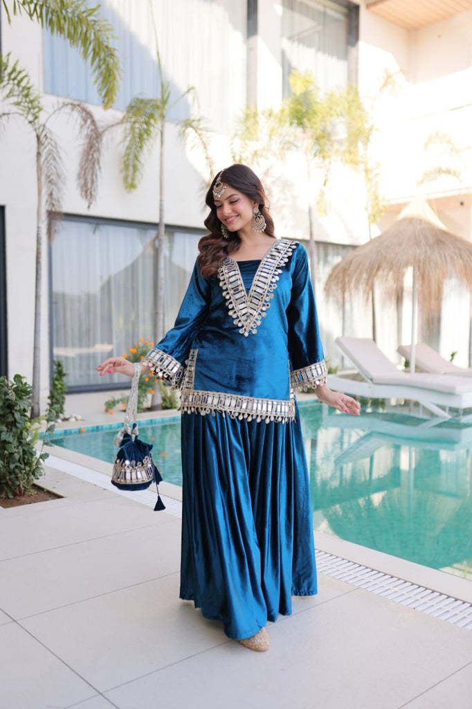 Blue Ice Velvet Zari & Real Mirror Embroidered Kurta Palazzo Set with Bell Sleeves & Matching Batwa – Fully Stitched Festive & Party Wear ClothsVilla