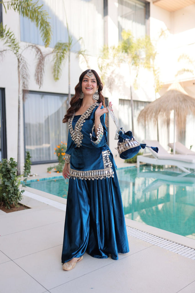 Blue Ice Velvet Zari & Real Mirror Embroidered Kurta Palazzo Set with Bell Sleeves & Matching Batwa – Fully Stitched Festive & Party Wear ClothsVilla