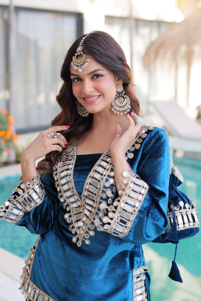 Blue Ice Velvet Zari & Real Mirror Embroidered Kurta Palazzo Set with Bell Sleeves & Matching Batwa – Fully Stitched Festive & Party Wear ClothsVilla