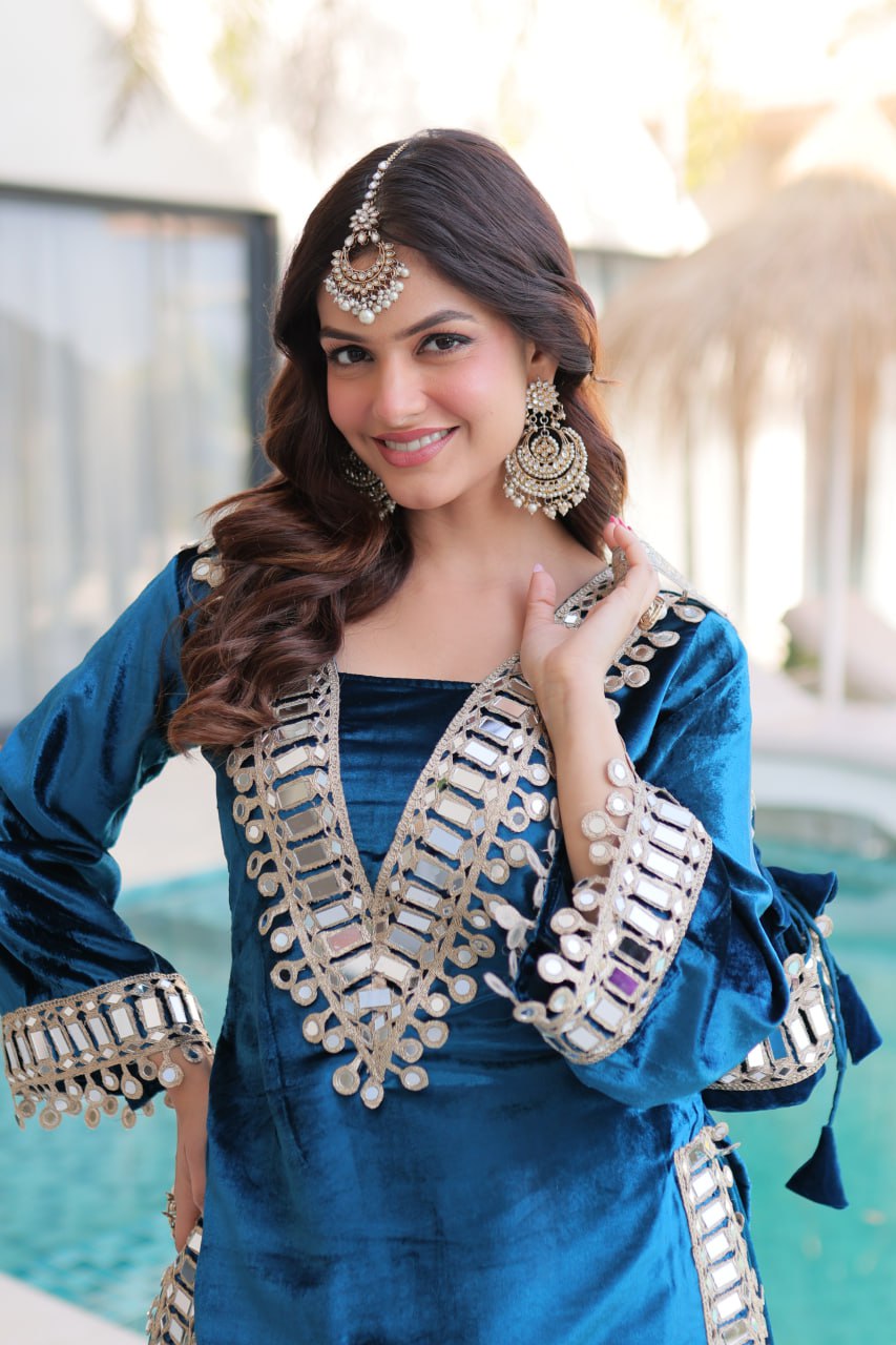 Blue Ice Velvet Zari & Real Mirror Embroidered Kurta Palazzo Set with Bell Sleeves & Matching Batwa – Fully Stitched Festive & Party Wear ClothsVilla