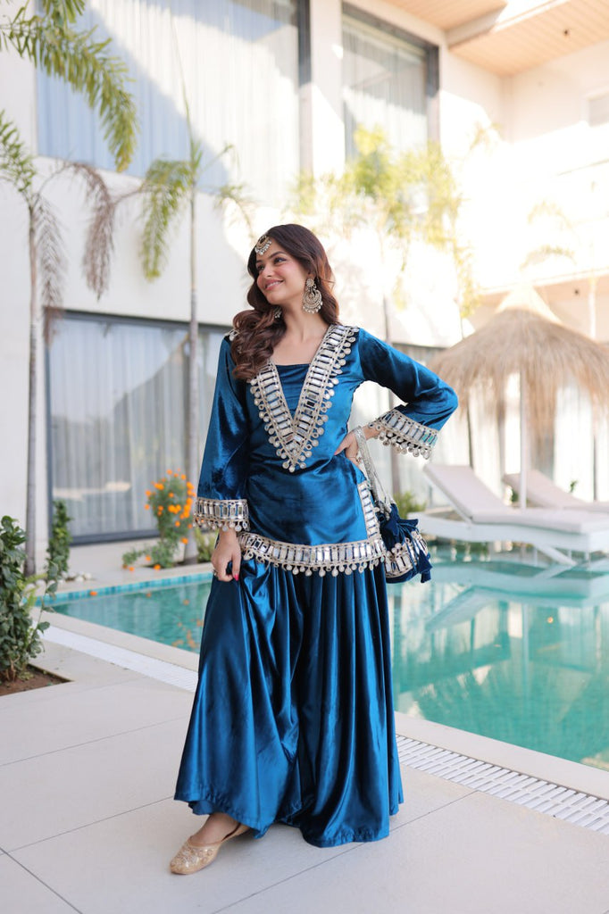 Blue Ice Velvet Zari & Real Mirror Embroidered Kurta Palazzo Set with Bell Sleeves & Matching Batwa – Fully Stitched Festive & Party Wear ClothsVilla