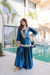 Load image into Gallery viewer, Blue Ice Velvet Zari &amp; Real Mirror Embroidered Kurta Palazzo Set with Bell Sleeves &amp; Matching Batwa – Fully Stitched Festive &amp; Party Wear ClothsVilla