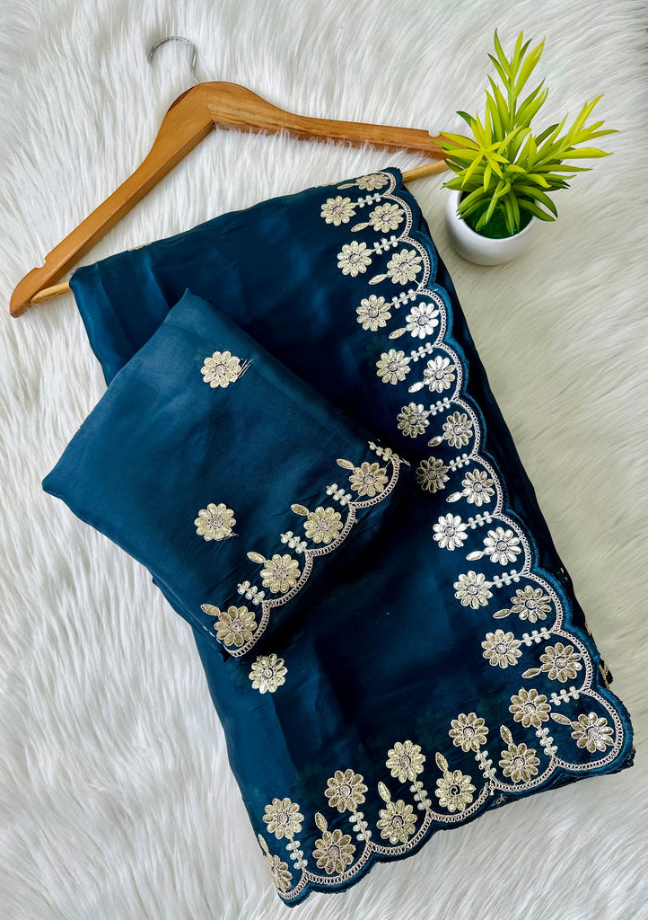 Blue  Jimmy Choo Saree with Beautiful Jaipuri Gota Work – Complete with Matching Running Blouse ClothsVilla