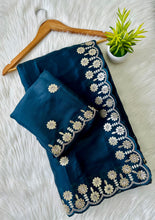 Load image into Gallery viewer, Blue  Jimmy Choo Saree with Beautiful Jaipuri Gota Work – Complete with Matching Running Blouse ClothsVilla