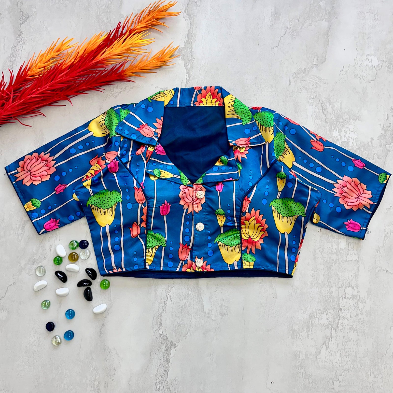 Blue Kalamkari Print Blouse in Chilly Silk ClothsVilla