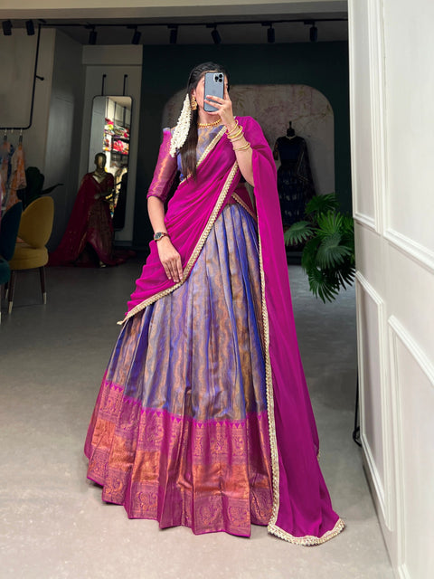 Blue Kanjivaram Lehenga Choli with Graceful Georgette Dupatta ClothsVilla Main image