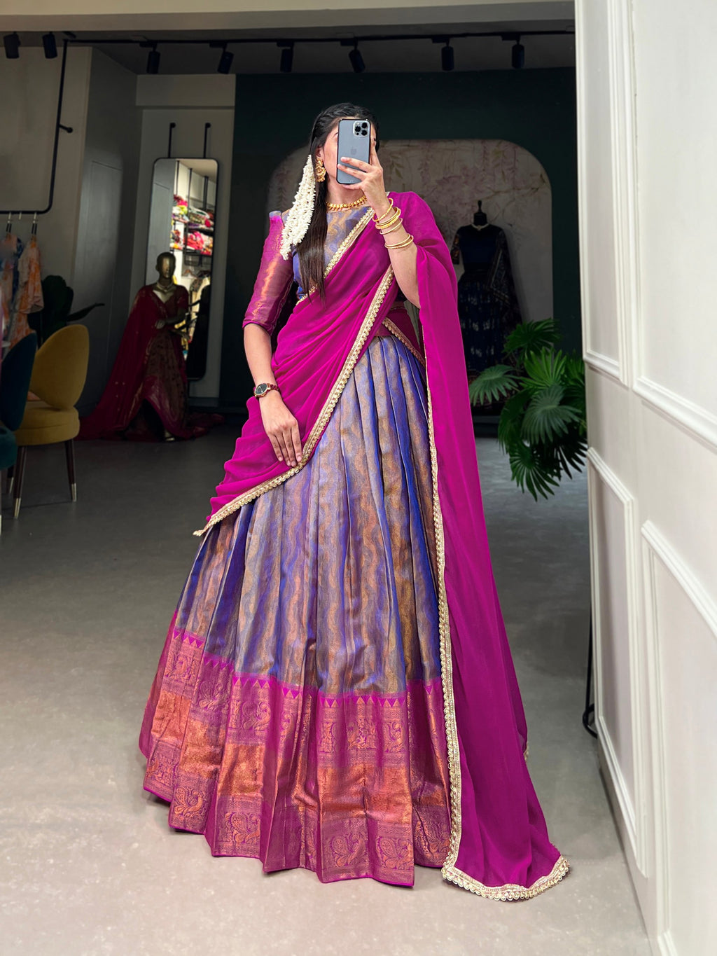 Blue Kanjivaram Lehenga Choli with Graceful Georgette Dupatta ClothsVilla