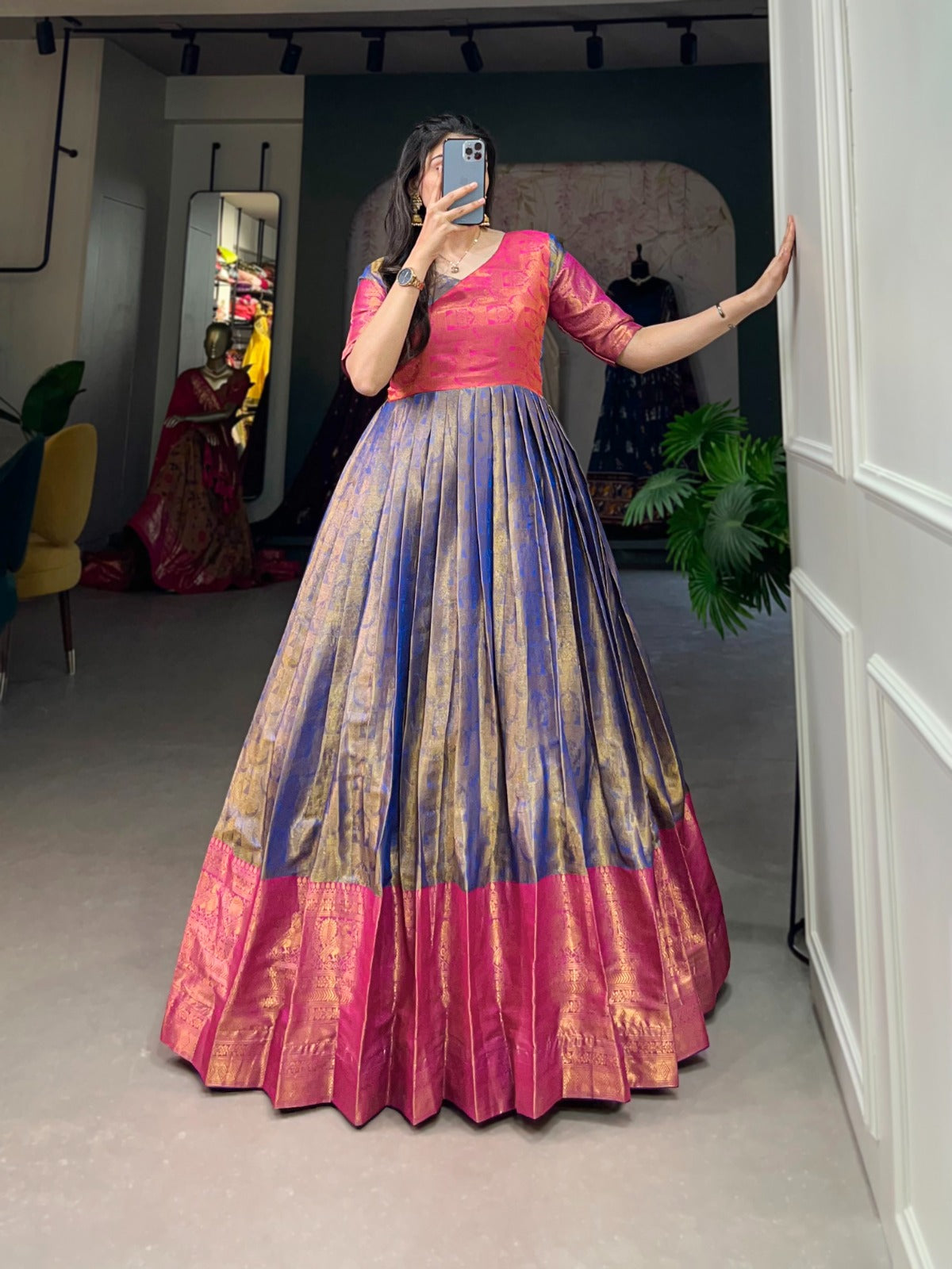 Luxurious Blue Kanjivaram Silk Gown with Zari Work ClothsVilla