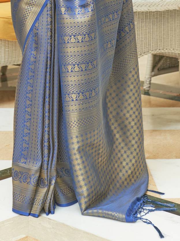 Blue Kanjivaram Silk Saree with Sequins Zari ClothsVilla