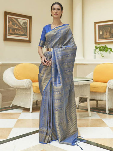 Blue Kanjivaram Silk Saree with Sequins Zari ClothsVilla