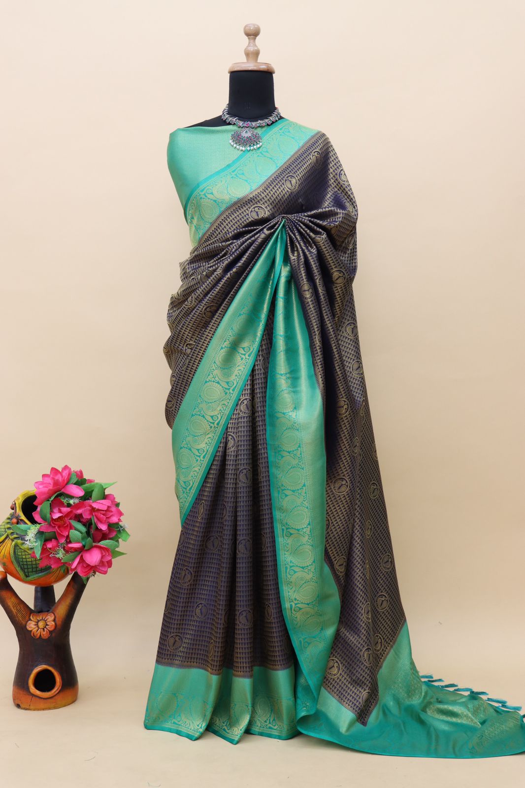 Blue Kuber Soft Silk Saree with Exquisite Golden Jari Work & Matching Blouse ClothsVilla