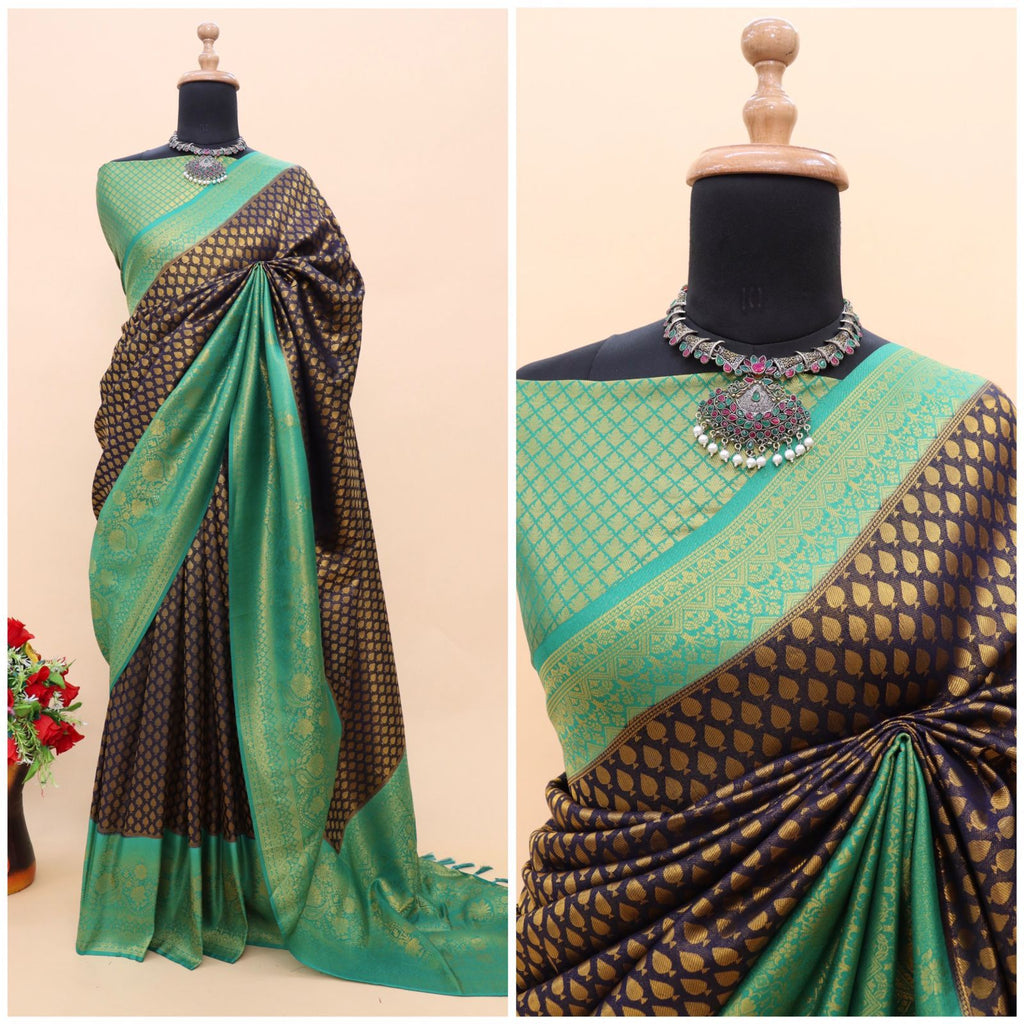 Blue Kuber Soft Silk Saree with Exquisite Golden Jari Work & Matching Blouse ClothsVilla