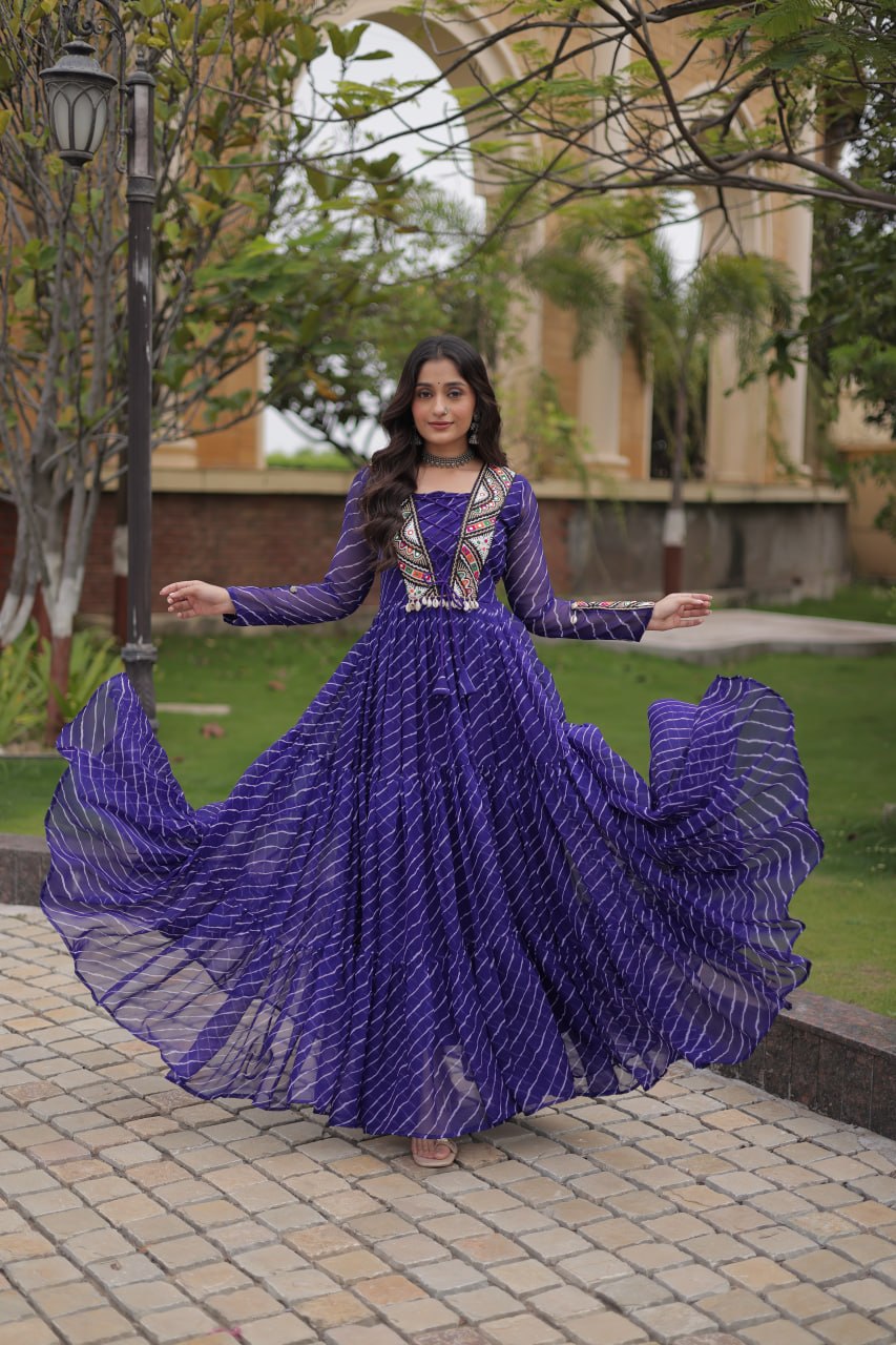 Blue Laheriya Print Patchwork Gown ClothsVilla