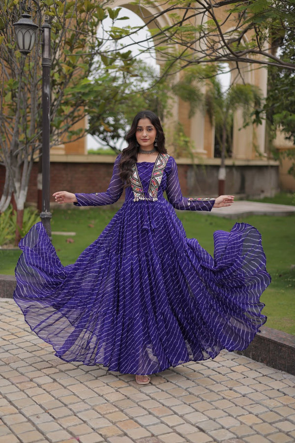 Blue Laheriya Print Patchwork Gown ClothsVilla